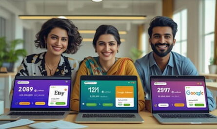 Image of three Pakistan male and female with laptops