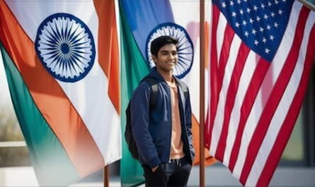 Image of U.S. flag, India flag and a student