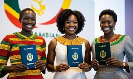 Image of three Zambian females holding Zambian passport