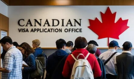 Image of people in queue at the Canada nonimmigrant visa application office