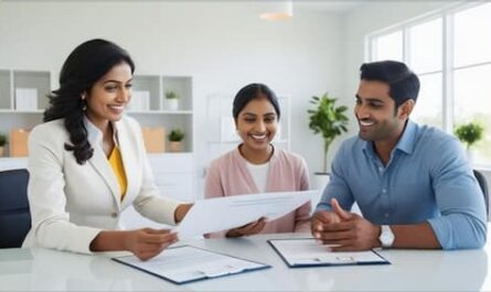 Image of a female mortgage broker showing documents to a happy home buyer