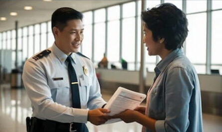 Image of an airport officer assisting a immigrant at the airport